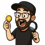 Cartoon illustration of Jesse Coins, a bearded man with glasses, black hat, and black shirt, looking shocked and amazed while holding a gold coin and magnifying glass.